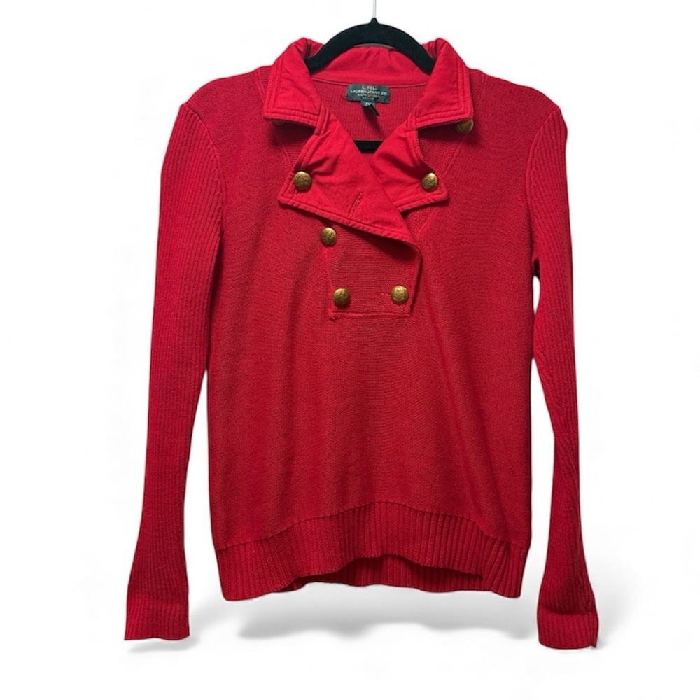 Vintage 90s Ralph Lauren LRL Petite Military Button Sweater PM Apple Red Cotton